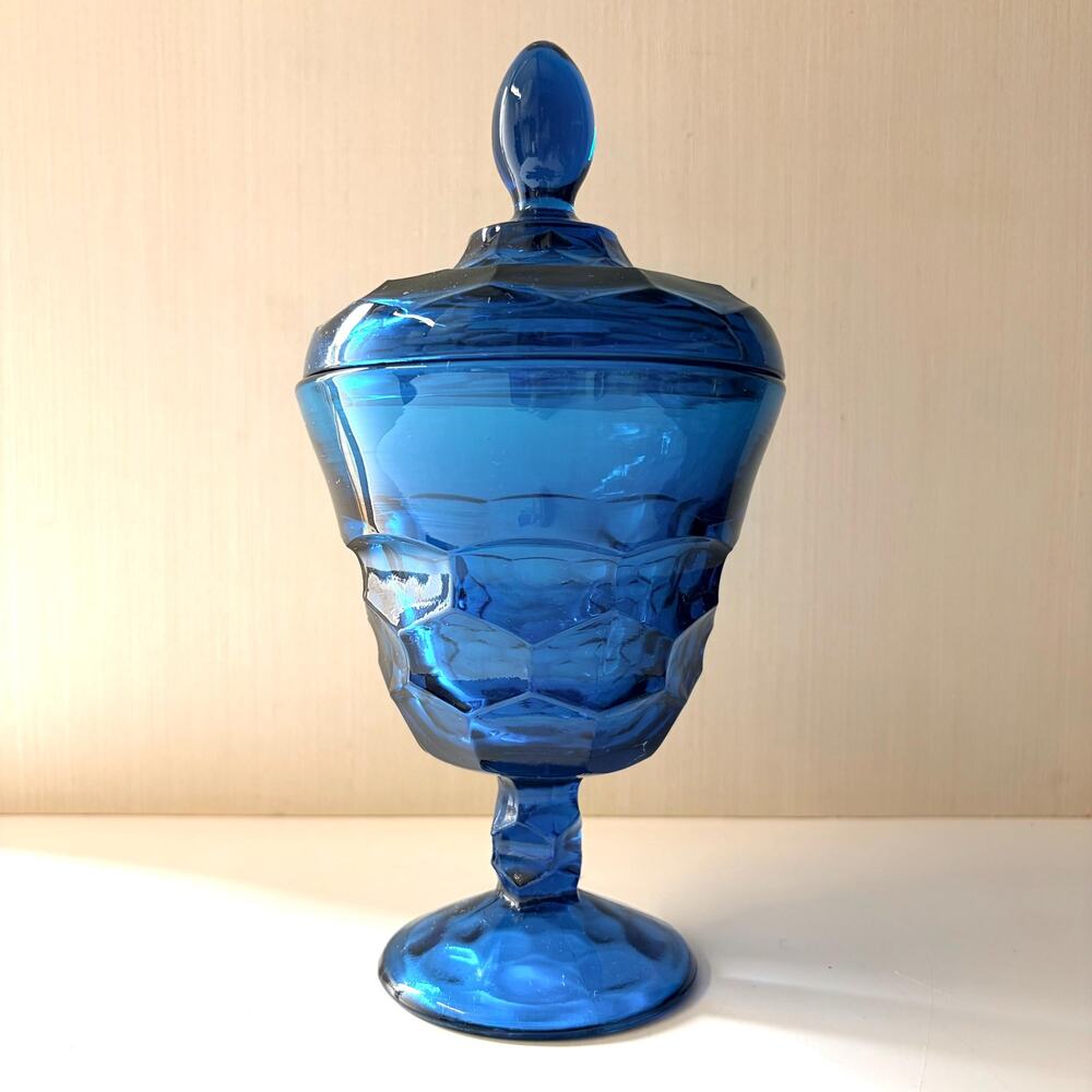 Vintage Viking Bluenique Georgian Blue Glass Lidded Compote Candy Dish